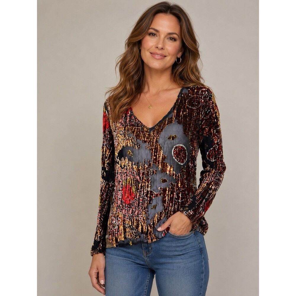 Alberto Makali Velvet Burnout Top Silk Blend Sheer Crinkle Y2K Fairycore Large